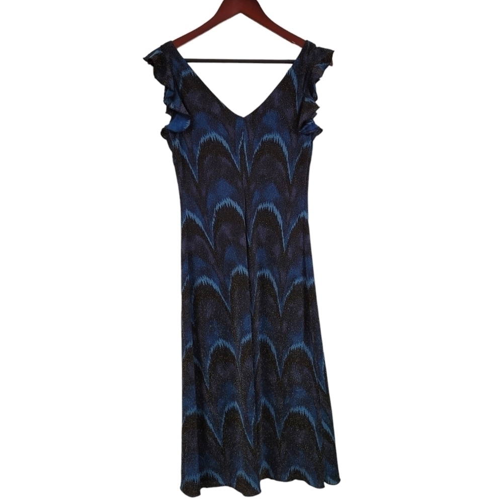 Vintage 90's La Belle Turquoise Black Sparkle Ruffle Bodycon Midi Dress Medium M